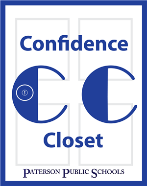 Logo for Confidence Closet initiative. Blue vertical rectangle with "CC" centered. Rectangle stylized to look like a door